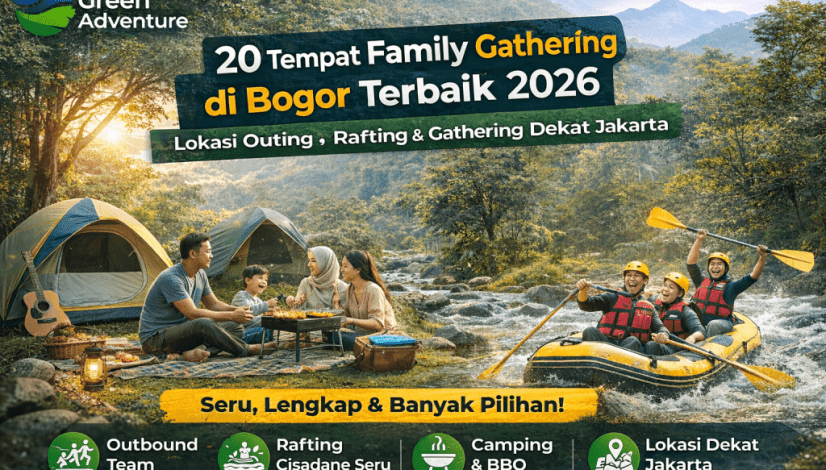 Temukan 20 tempat family gathering di Bogor terbaik dekat Jakarta. Pilihan lokasi outing, rafting, outbound, dan gathering seru bersama Green Adventure dengan paket lengkap dan harga terbaik.