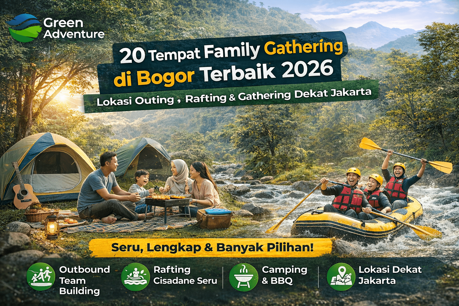 Temukan 20 tempat family gathering di Bogor terbaik dekat Jakarta. Pilihan lokasi outing, rafting, outbound, dan gathering seru bersama Green Adventure dengan paket lengkap dan harga terbaik.