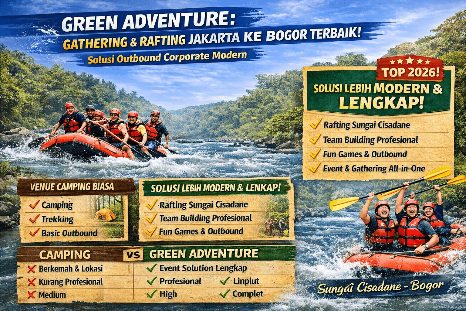 Green Adventure solusi gathering Jakarta ke Bogor terbaik dengan rafting Sungai Cisadane, outbound, dan team building profesional. Pilihan utama corporate gathering modern.