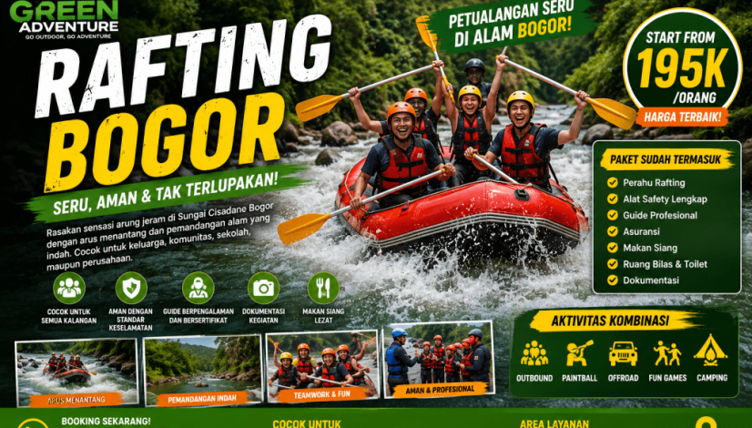 Nikmati paket Rafting Bogor murah bersama Green Adventure. Cocok untuk perusahaan, keluarga, komunitas, sekolah, dan gathering. Instruktur profesional, aman, dan fasilitas lengkap.
